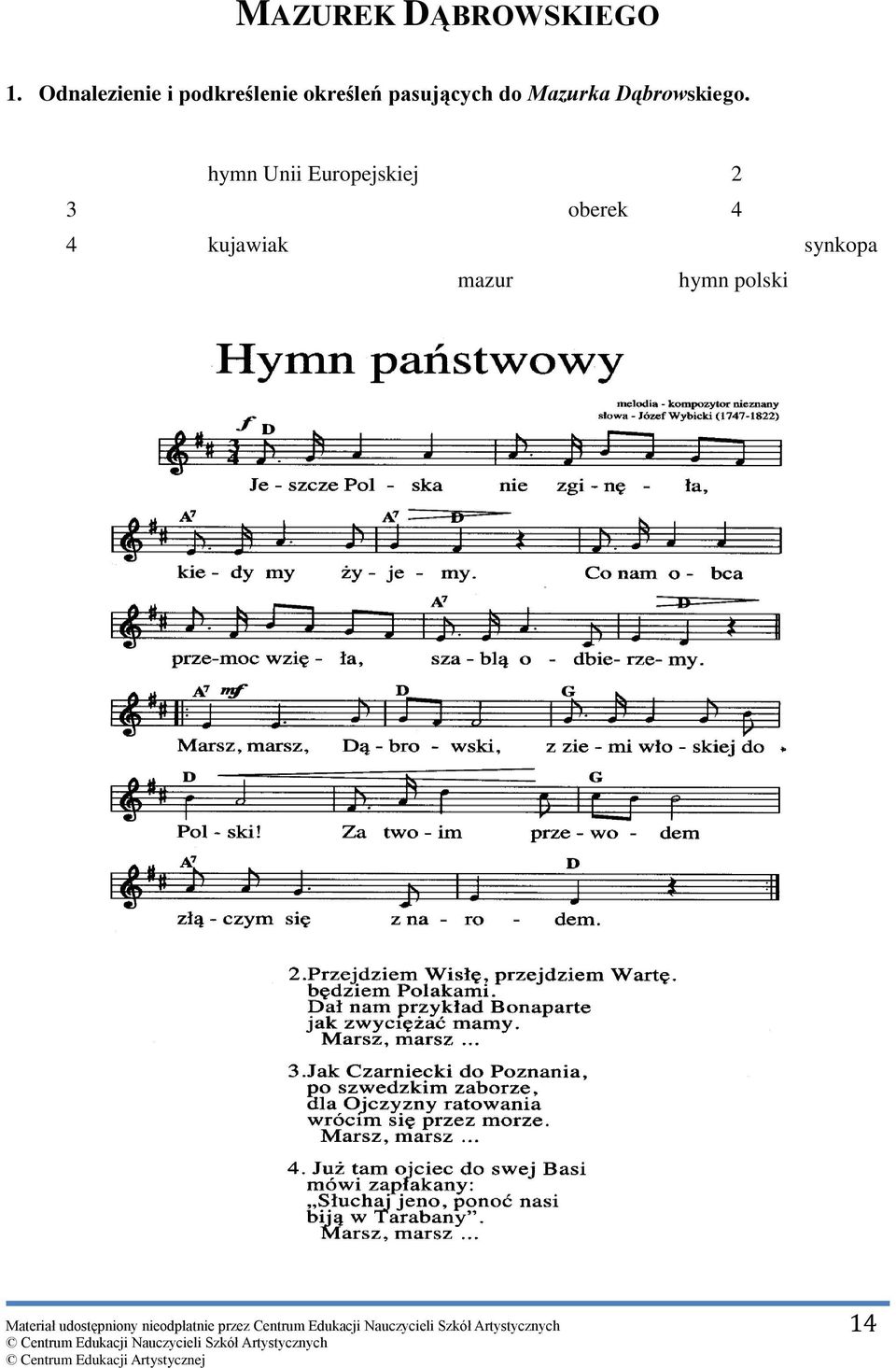 pasujących do Mazurka Dąbrowskiego.