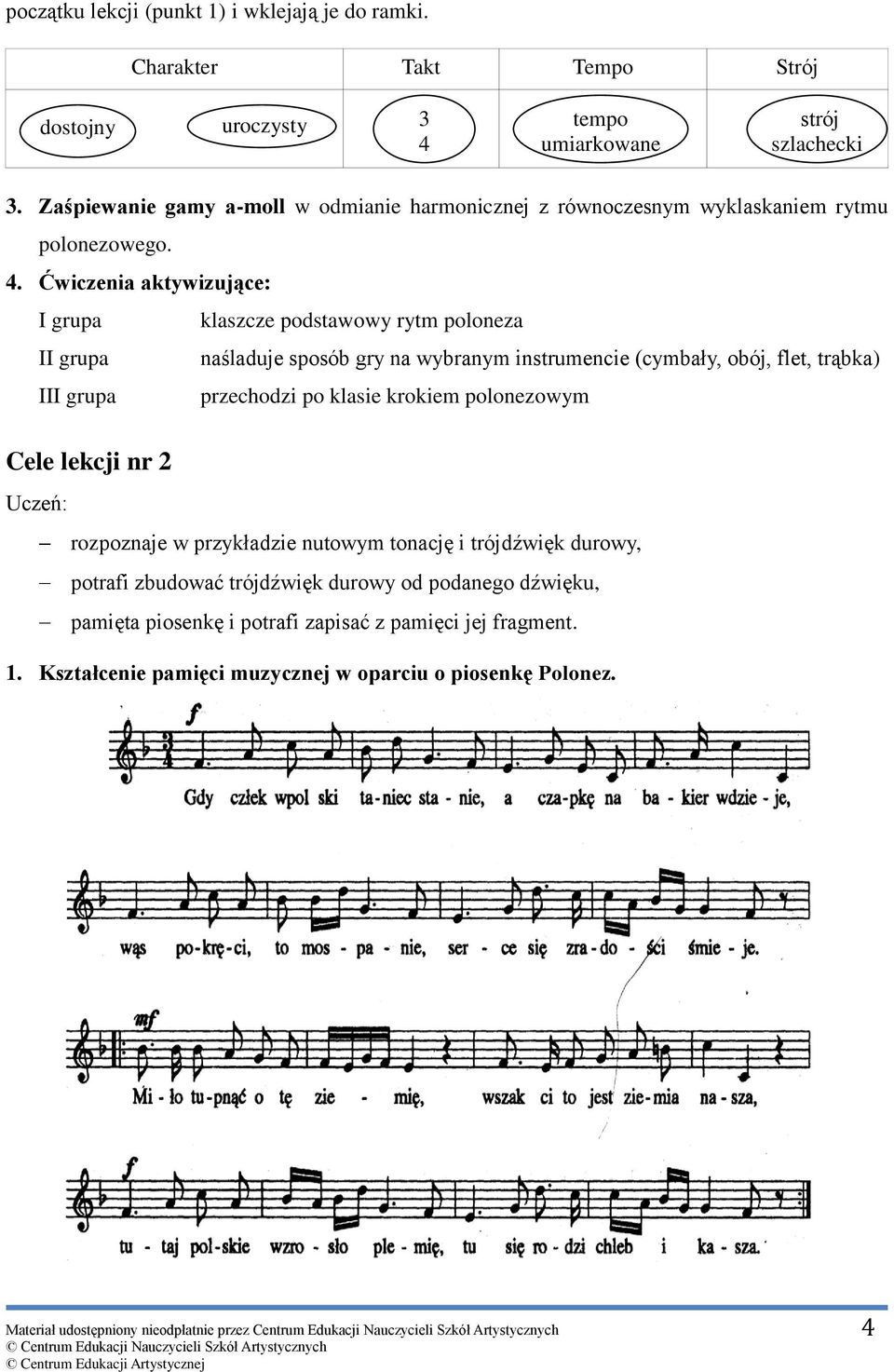 Ćwiczenia aktywizujące: I grupa klaszcze podstawowy rytm poloneza II grupa naśladuje sposób gry na wybranym instrumencie (cymbały, obój, flet, trąbka) III grupa przechodzi po