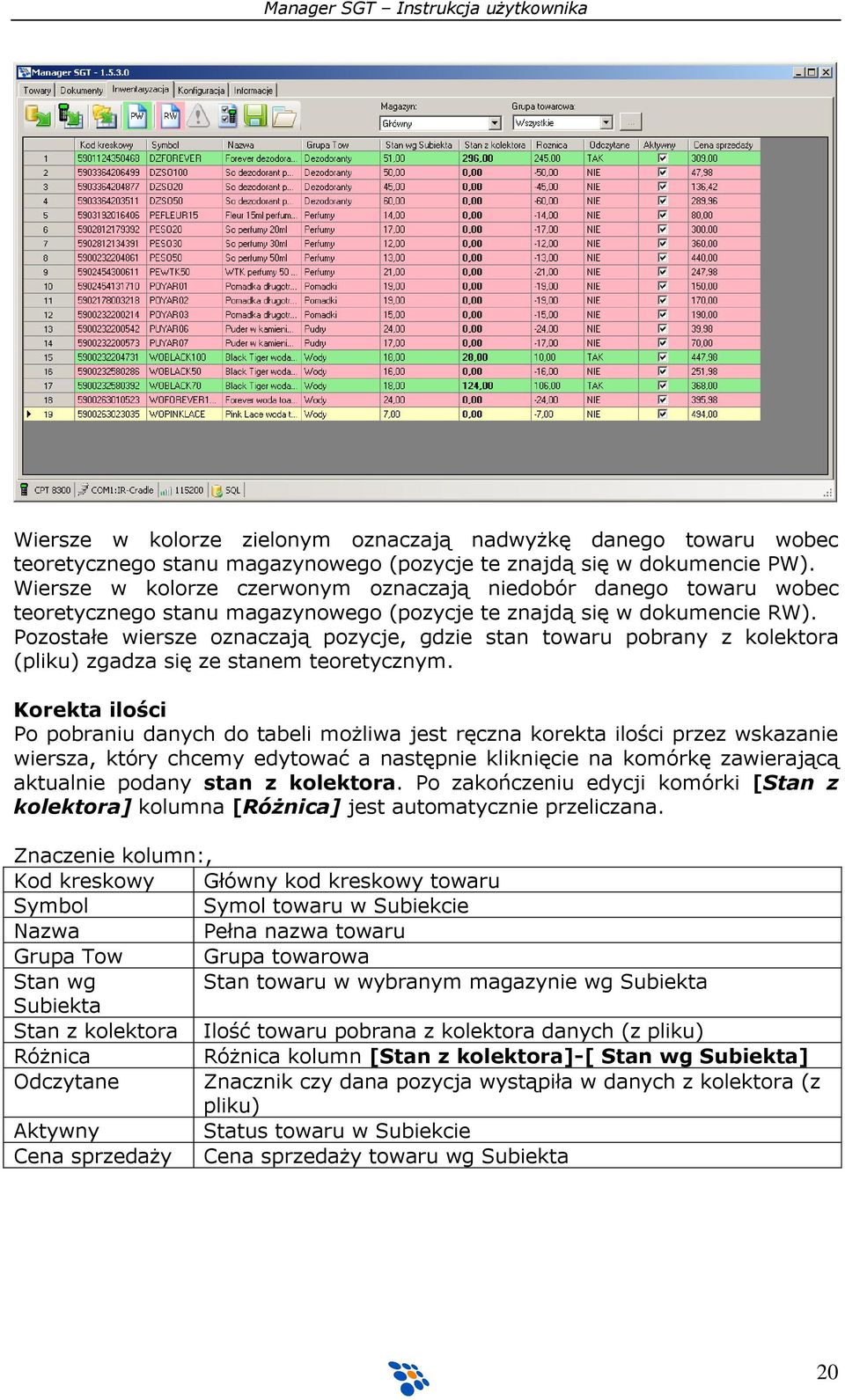 Pozostałe wiersze oznaczają pozycje, gdzie stan towaru pobrany z kolektora (pliku) zgadza się ze stanem teoretycznym.