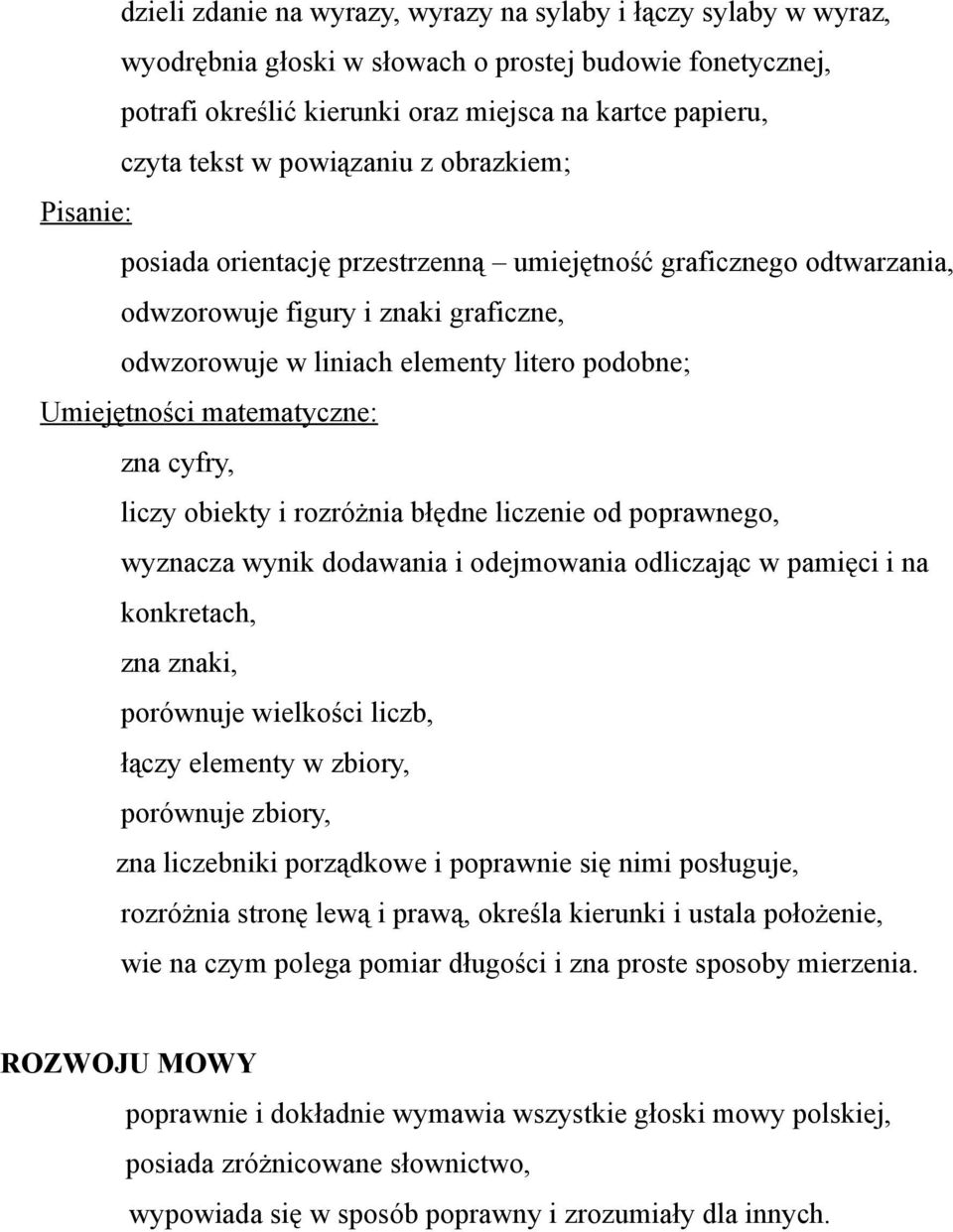 matematyczne: zna cyfry, liczy obiekty i rozróżnia błędne liczenie od poprawnego, wyznacza wynik dodawania i odejmowania odliczając w pamięci i na konkretach, zna znaki, porównuje wielkości liczb,