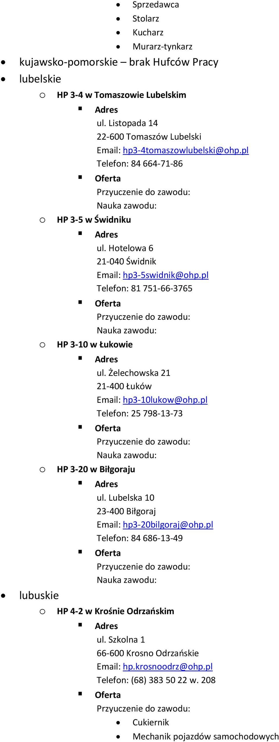 Hotelowa 6 21-040 Świdnik Email: hp3-5swidnik@ohp.pl Telefon: 81 751-66-3765 o HP 3-10 w Łukowie ul. Żelechowska 21 21-400 Łuków Email: hp3-10lukow@ohp.