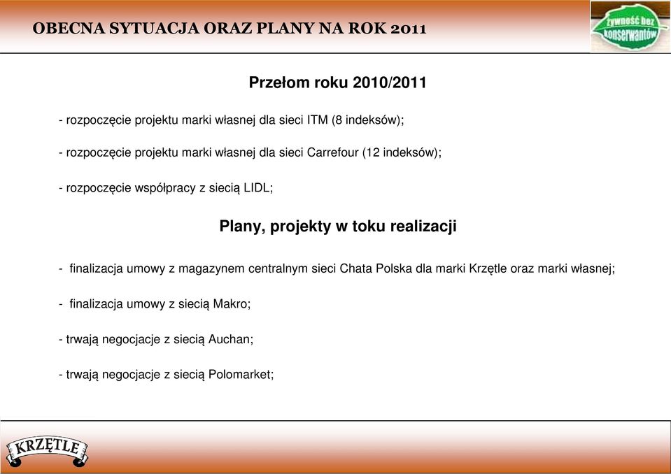 toku realizacji - finalizacja umowy z magazynem centralnym sieci Chata Polska dla marki Krzętle oraz marki własnej; - finalizacja
