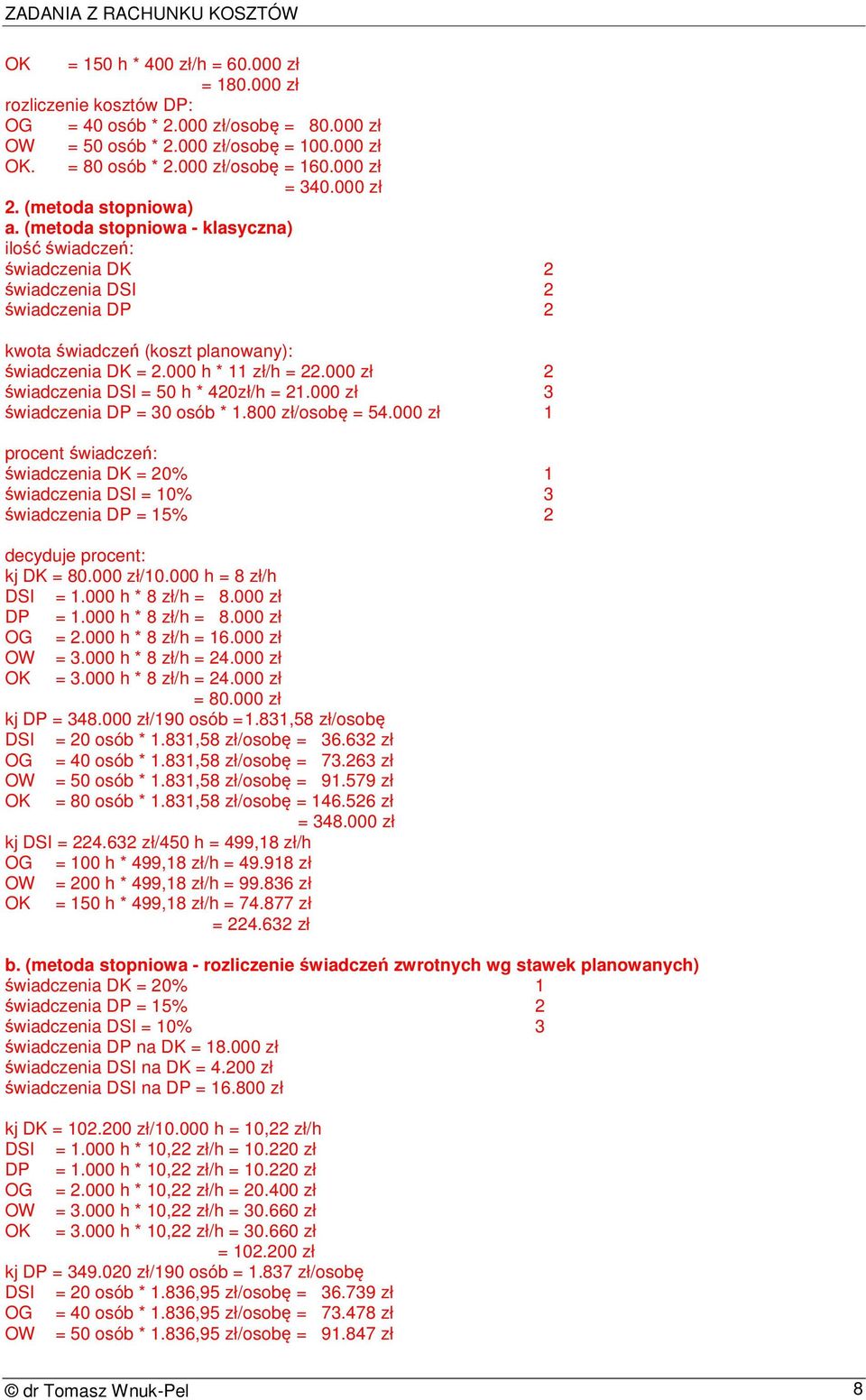 000 h * 11 zł/h = 22.000 zł 2 świadczenia DSI = 50 h * 420zł/h = 2000 zł 3 świadczenia DP = 30 osób * 800 zł/osobę = 54.