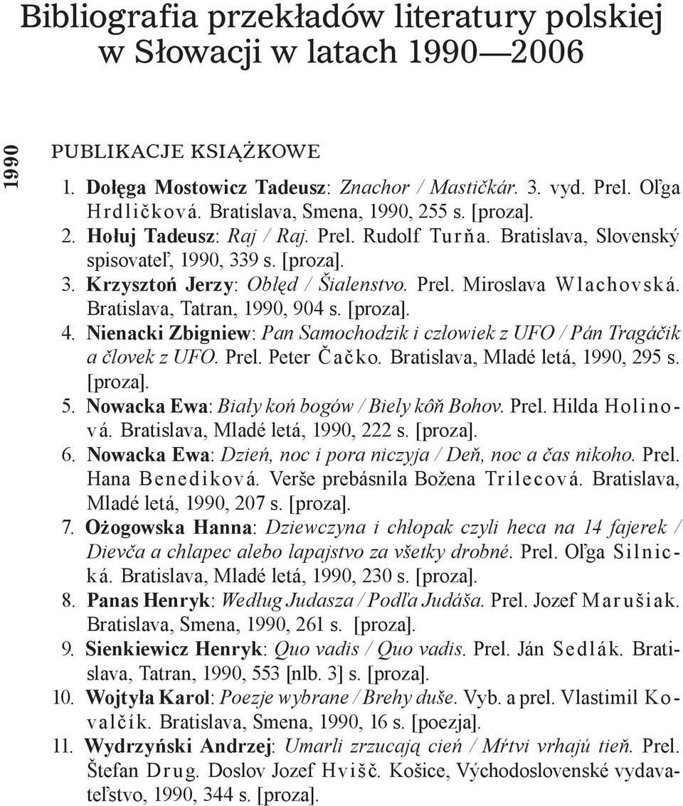 Bratislava, Tatran, 1990, 904 s. [proza]. 4. Nienacki Zbigniew: Pan Samochodzik i człowiek z UFO / Pán Tragáčik a človek z UFO. Prel. Peter Čačko. Bratislava, Mladé letá, 1990, 295 s. [proza]. 5.