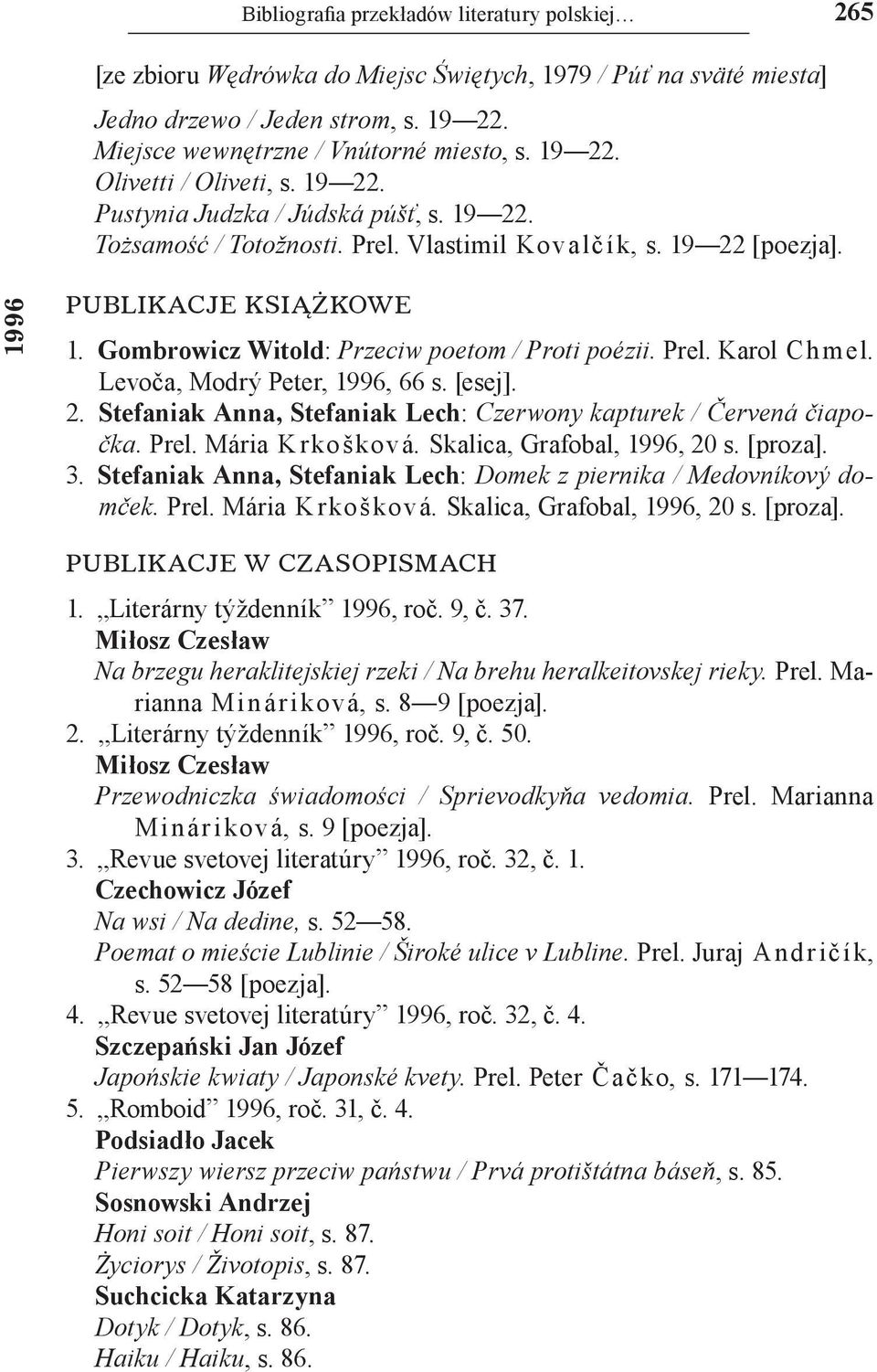 Gombrowicz Witold: Przeciw poetom / Proti poézii. Prel. Karol Ch mel. Levoča, Modrý Peter, 1996, 66 s. [esej]. 2. Stefaniak Anna, Stefaniak Lech: Czerwony kapturek / Červená čiapočka. Prel. Mária K rkošková.