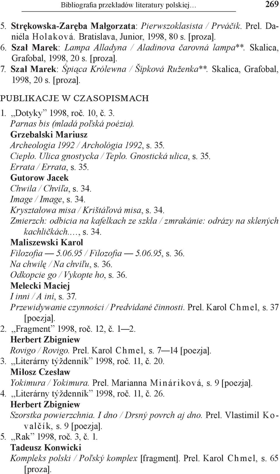 Dotyky 1998, roč. 10, č. 3. Parnas bis (mladá poľská poézia). Grzebalski Mariusz Archeologia 1992 / Archológia 1992, s. 35. Ciepło. Ulica gnostycka / Teplo. Gnostická ulica, s. 35. Errata / Errata, s.