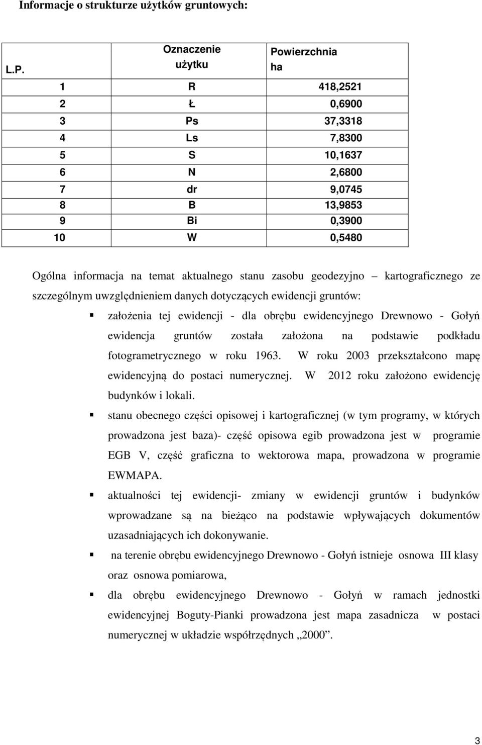 zasobu geodezyjno kartograficznego ze szczególnym uwzględnieniem danych dotyczących ewidencji gruntów: założenia tej ewidencji - dla obrębu ewidencyjnego Drewnowo - Gołyń ewidencja gruntów została