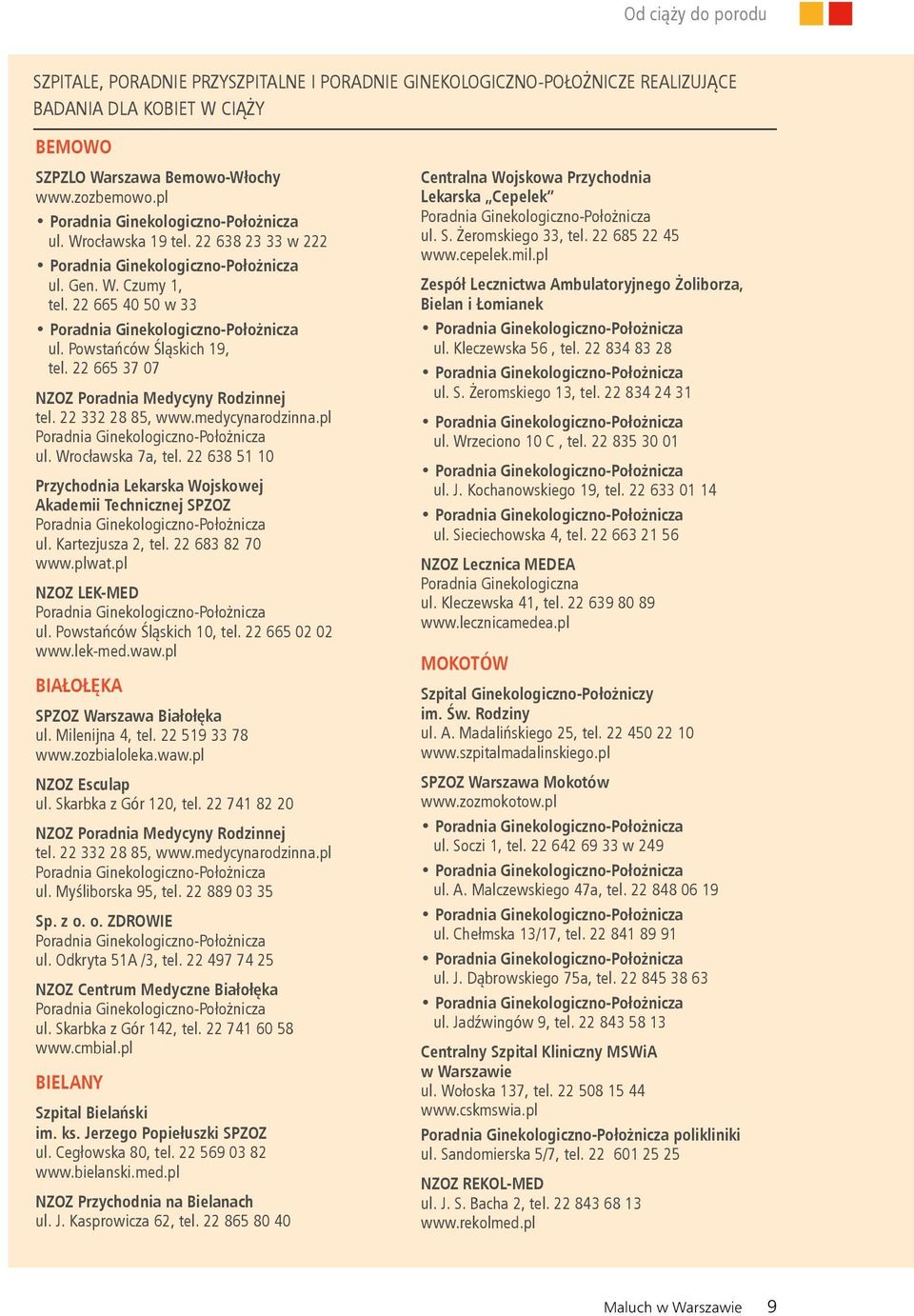 Powstańców Śląskich 19, tel. 22 665 37 07 NZOZ Poradnia Medycyny Rodzinnej tel. 22 332 28 85, www.medycynarodzinna.pl Poradnia Ginekologiczno-Położnicza ul. Wrocławska 7a, tel.
