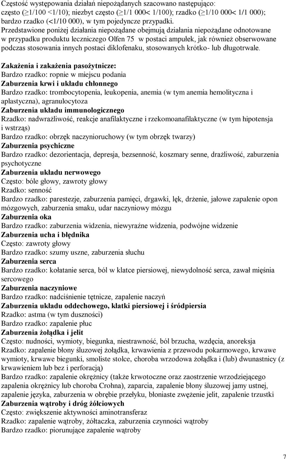Przedstawione poniżej działania niepożądane obejmują działania niepożądane odnotowane w przypadku produktu leczniczego Olfen 75 w postaci ampułek, jak również obserwowane podczas stosowania innych