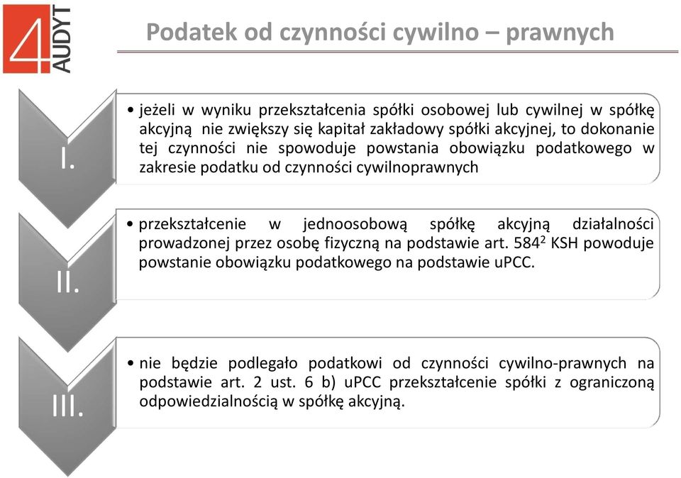 spowoduje powstania obowiązku podatkowego w zakresie podatku od czynności cywilnoprawnych przekształcenie w jednoosobową spółkę akcyjną działalności prowadzonej