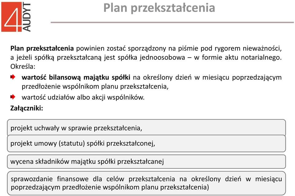 Określa: wartość bilansową majątku spółki na określony dzień w miesiącu poprzedzającym przedłożenie wspólnikom planu przekształcenia, wartość udziałów albo akcji