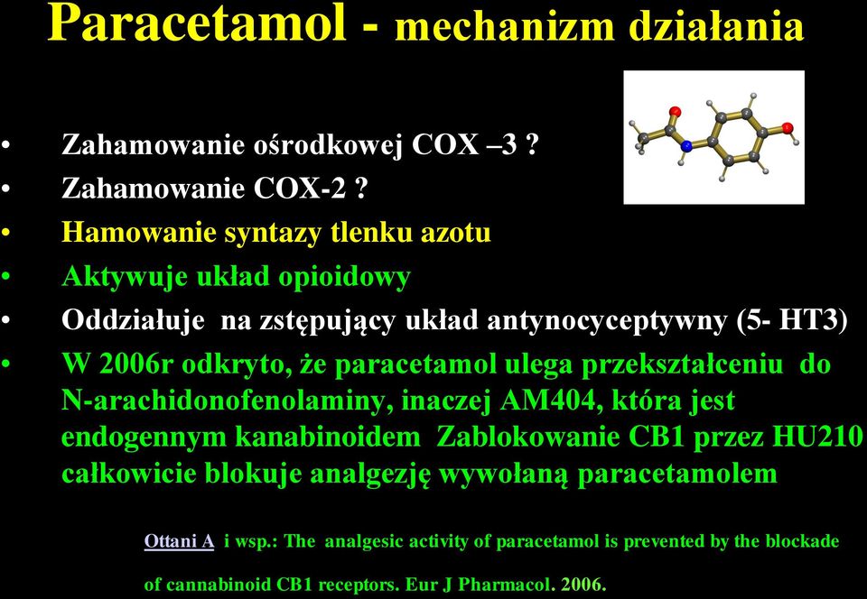 paracetamol ulega przekształceniu do N-arachidonofenolaminy, inaczej AM404, która jest endogennym kanabinoidem Zablokowanie CB1 przez