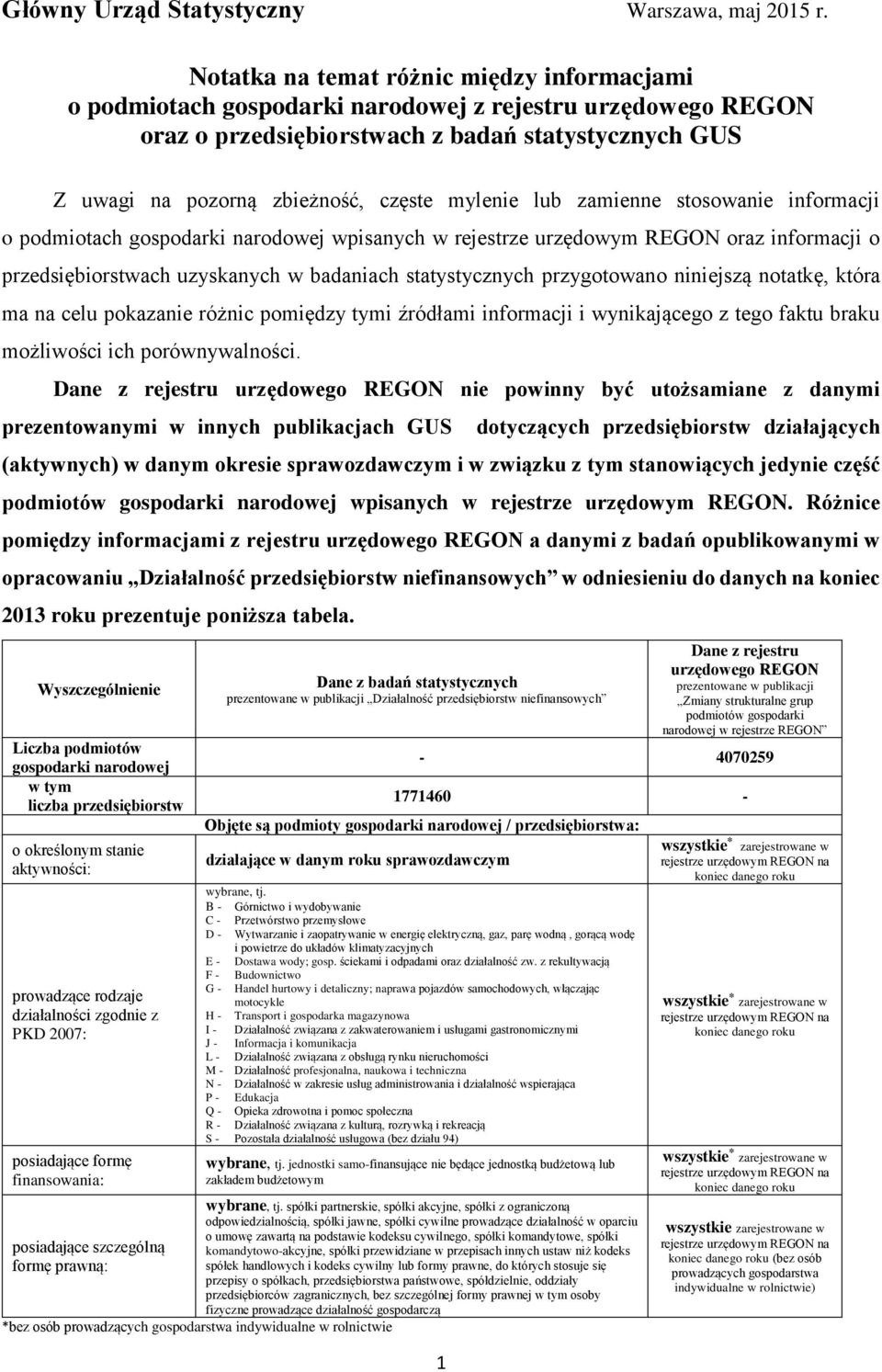 mylenie lub zamienne stosowanie informacji o podmiotach gospodarki narodowej wpisanych w rejestrze urzędowym REGON oraz informacji o przedsiębiorstwach uzyskanych w badaniach statystycznych