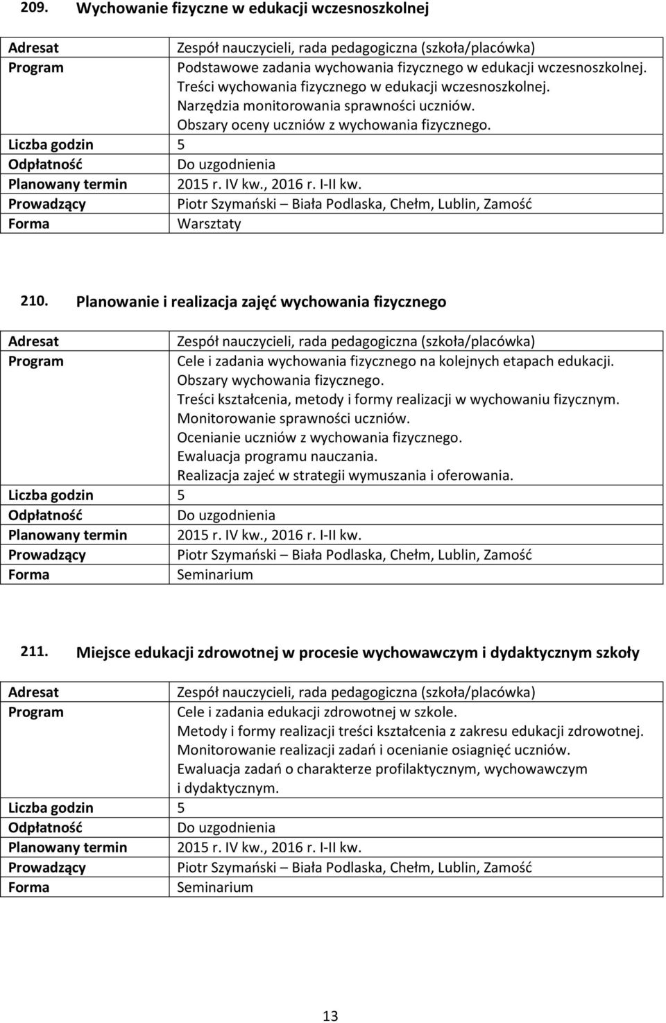 Liczba godzin 5 Do uzgodnienia Piotr Szymański Biała Podlaska, Chełm, Lublin, Zamość 210.