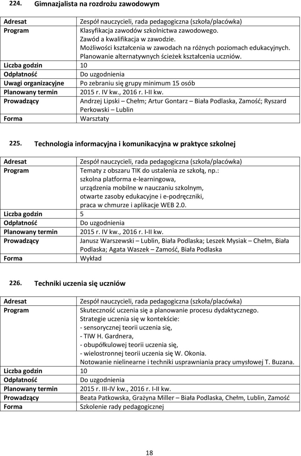 Liczba godzin 10 Do uzgodnienia Uwagi organizacyjne Po zebraniu się grupy minimum 15 osób Andrzej Lipski Chełm; Artur Gontarz Biała Podlaska, Zamość; Ryszard Perkowski Lublin 225.