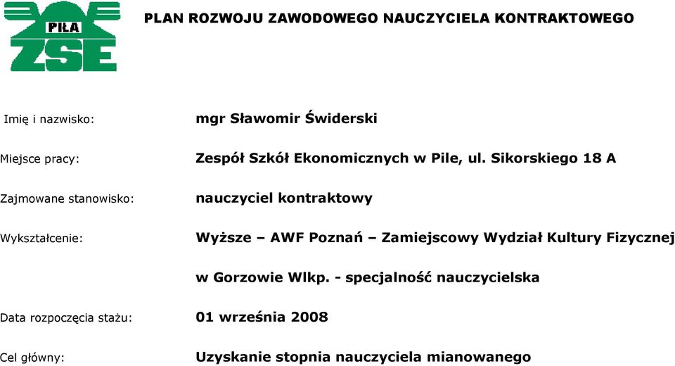 Sikorskiego 18 A Zajmowane stanowisko: nauczyciel kontraktowy Wykształcenie: WyŜsze AWF Poznań