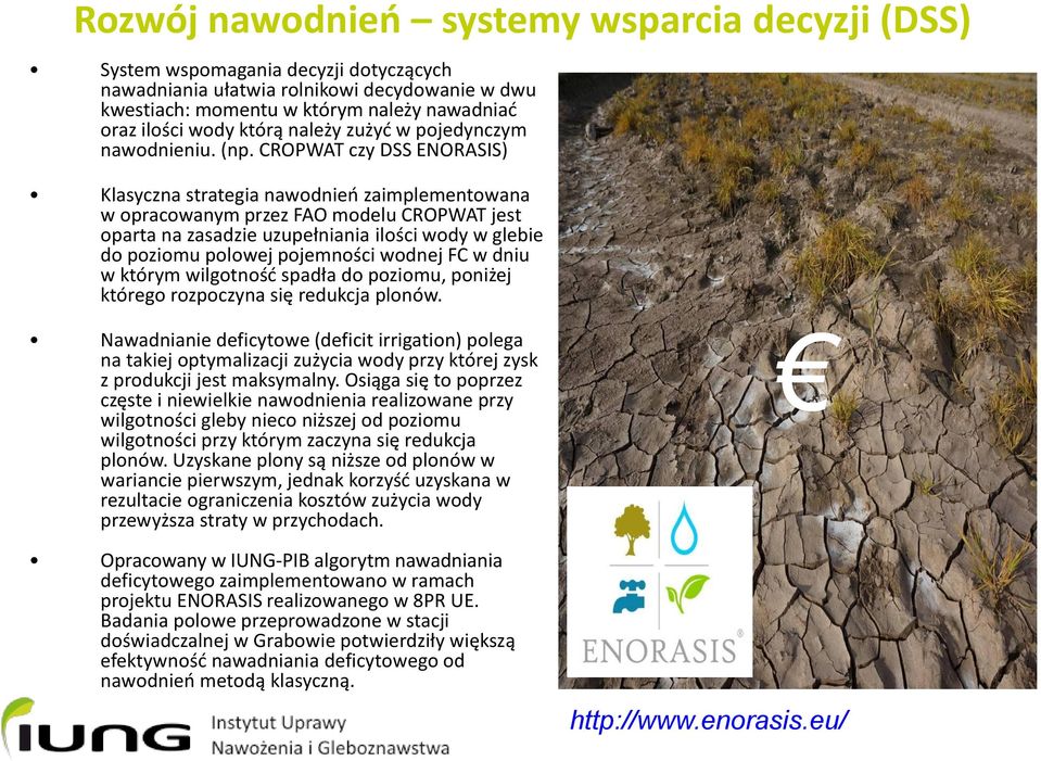 CROPWAT czy DSS ENORASIS) Klasyczna strategia nawodnień zaimplementowana w opracowanym przez FAO modelu CROPWAT jest oparta na zasadzie uzupełniania ilości wody w glebie do poziomu polowej pojemności