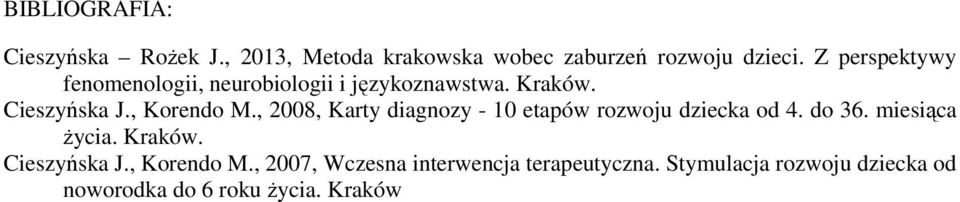 , 2008, Karty diagnozy - 10 etapów rozwoju dziecka od 4. do 36. miesiąca życia. Kraków. Cieszyńska J.