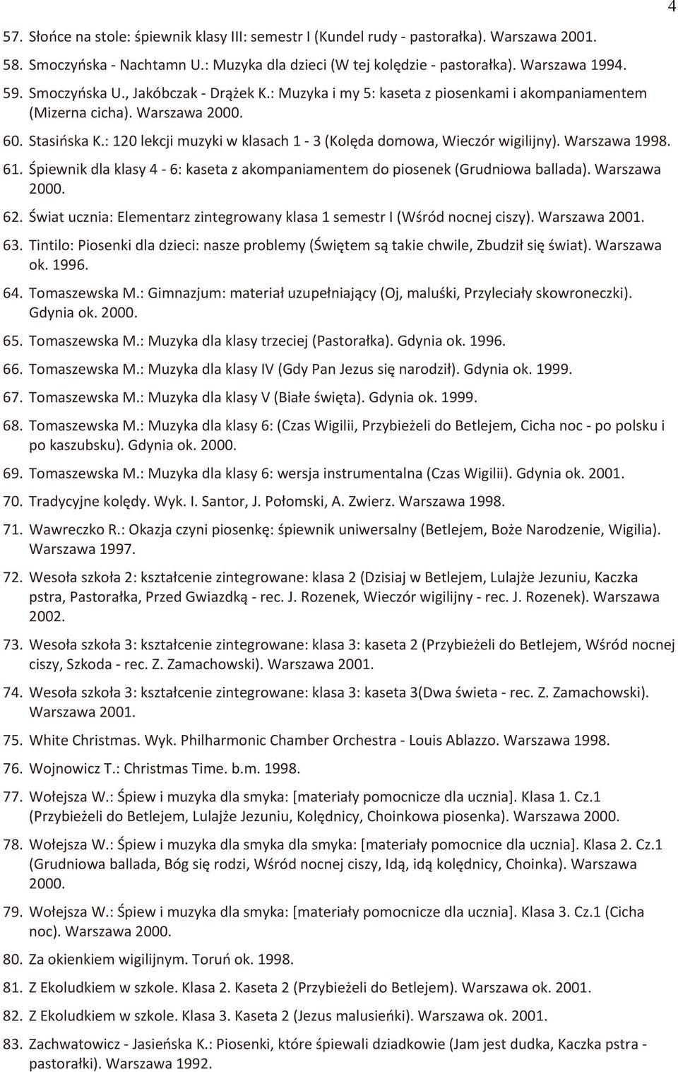 : 120 lekcji muzyki w klasach 1-3 (Kolęda domowa, Wieczór wigilijny). Warszawa 1998. 61. Śpiewnik dla klasy 4-6: kaseta z akompaniamentem do piosenek (Grudniowa ballada). Warszawa 2000. 62.