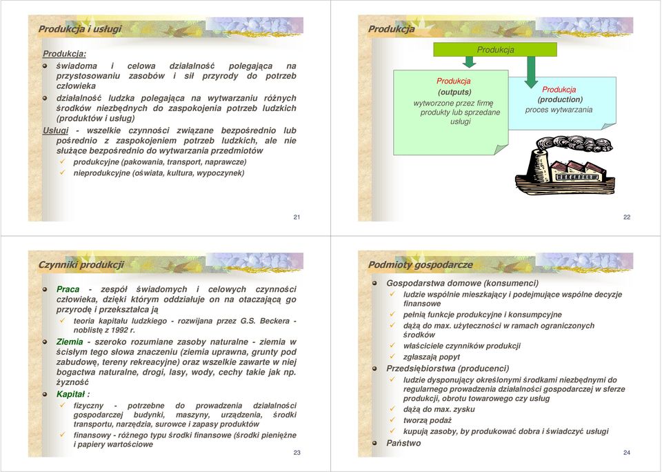 (pakowania, transport, naprawcze) nieprodukcyjne (owiata, kultura, wypoczynek) # Produkcja Produkcja (outputs) wytworzone przez firm produkty lub sprzedane usługi Produkcja (production) proces
