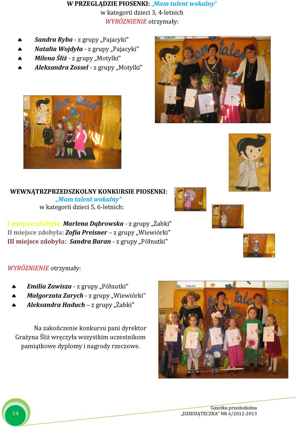 grupy Żabki II miejsce zdobyła: Zofia Preisner z grupy Wiewiórki III miejsce zdobyła:: Sandra Baran - z grupy Półnutki WYRÓZNIENIE otrzymały: Emilia Zawisza - z grupy Półnutki