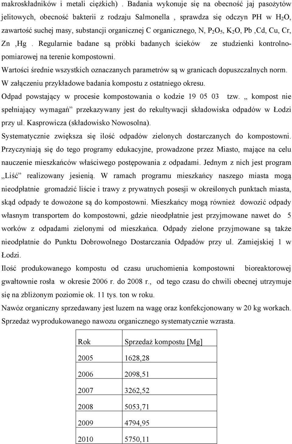 O 5, K 2 O, Pb,Cd, Cu, Cr, Zn,Hg. Regularnie badane są próbki badanych ścieków ze studzienki kontrolnopomiarowej na terenie kompostowni.