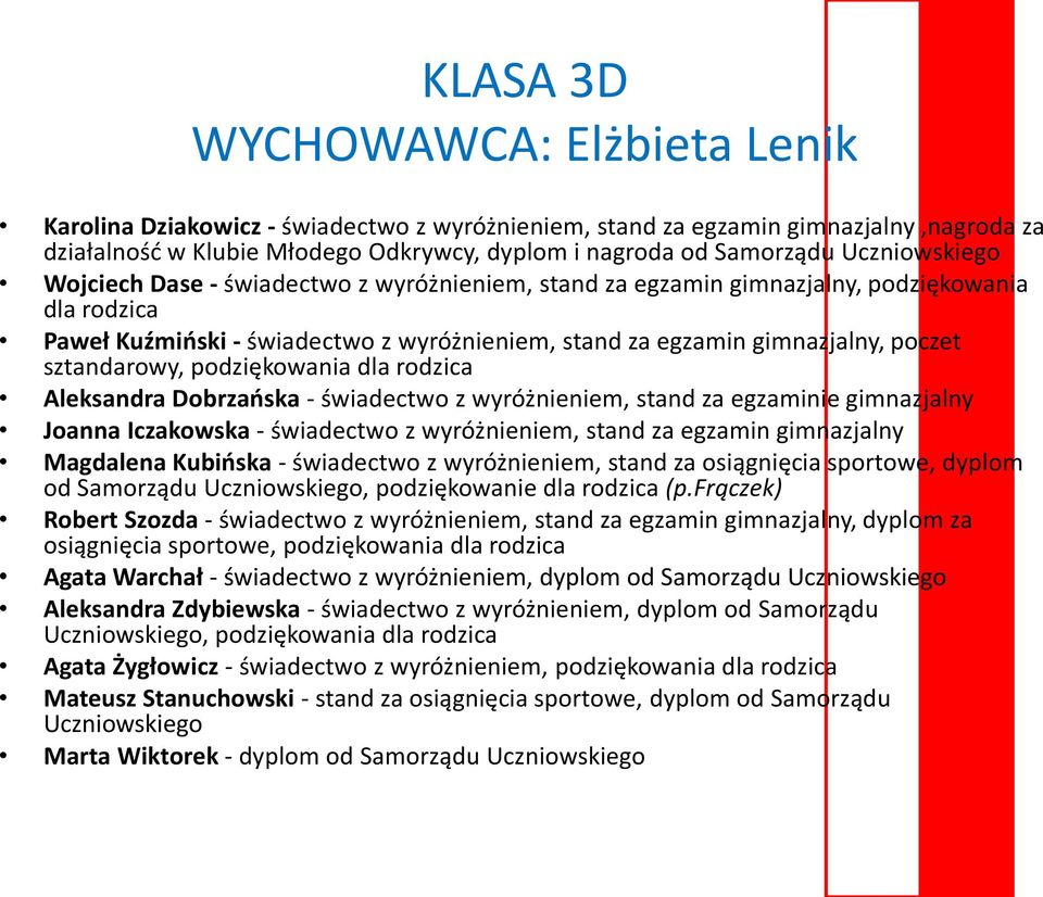 sztandarowy, podziękowania dla rodzica Aleksandra Dobrzańska - świadectwo z wyróżnieniem, stand za egzaminie gimnazjalny Joanna Iczakowska - świadectwo z wyróżnieniem, stand za egzamin gimnazjalny