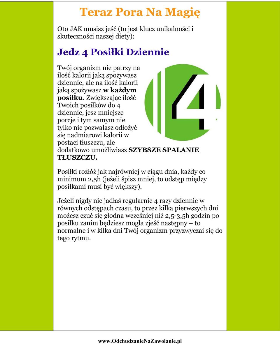 Zwiększając ilość Twoich posiłków do 4 dziennie, jesz mniejsze porcje i tym samym nie tylko nie pozwalasz odłożyć się nadmiarowi kalorii w postaci tłuszczu, ale dodatkowo umożliwiasz SZYBSZE SPALANIE
