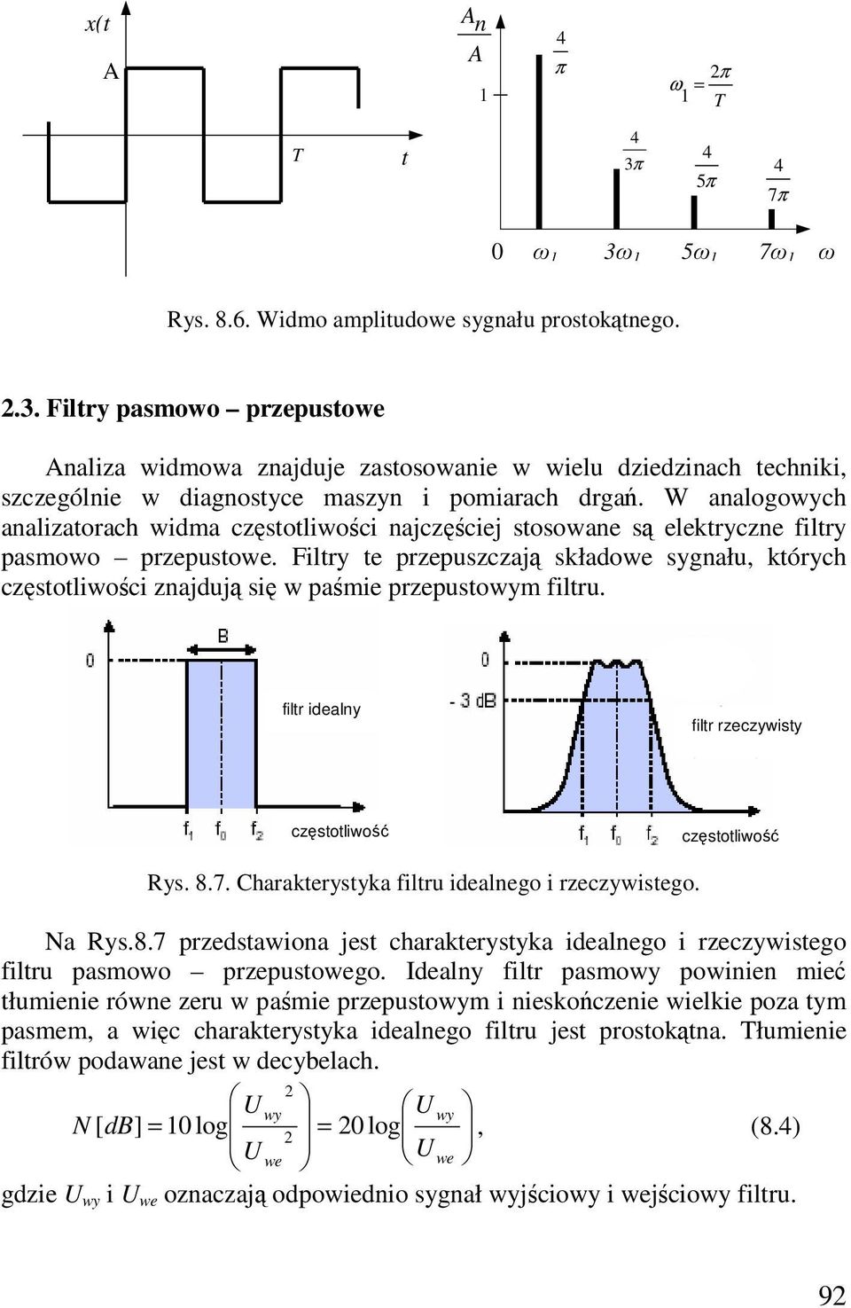 Filry e przepuszczają składowe sygnału, kórych częsoliwości znajdują się w paśmie przepusowym filru. filr idealny filr rzeczywisy częsoliwość częsoliwość Rys. 8.7.