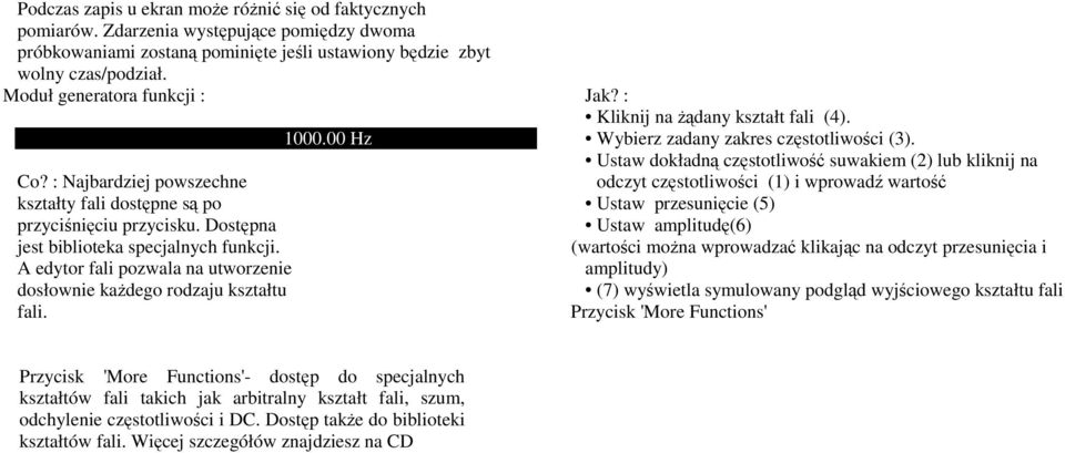 A edytor fali pozwala na utworzenie dosłownie każdego rodzaju kształtu fali. 1000.00 Hz Jak? : Kliknij na żądany kształt fali (4). Wybierz zadany zakres częstotliwości (3).