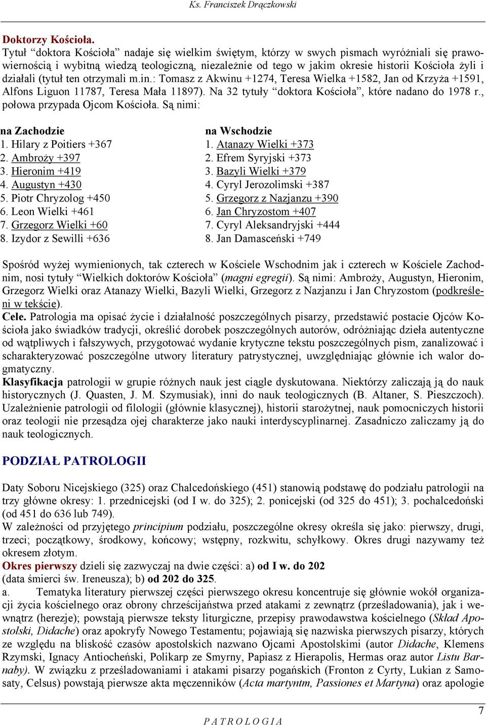 działali (tytuł ten otrzymali m.in.: Tomasz z Akwinu +1274, Teresa Wielka +1582, Jan od Krzyża +1591, Alfons Liguon 11787, Teresa Mała 11897). Na 32 tytuły doktora Kościoła, które nadano do 1978 r.