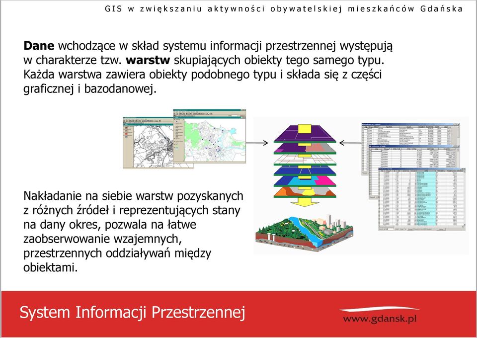 Każda warstwa zawiera obiekty podobnego typu i składa się z części graficznej i bazodanowej.