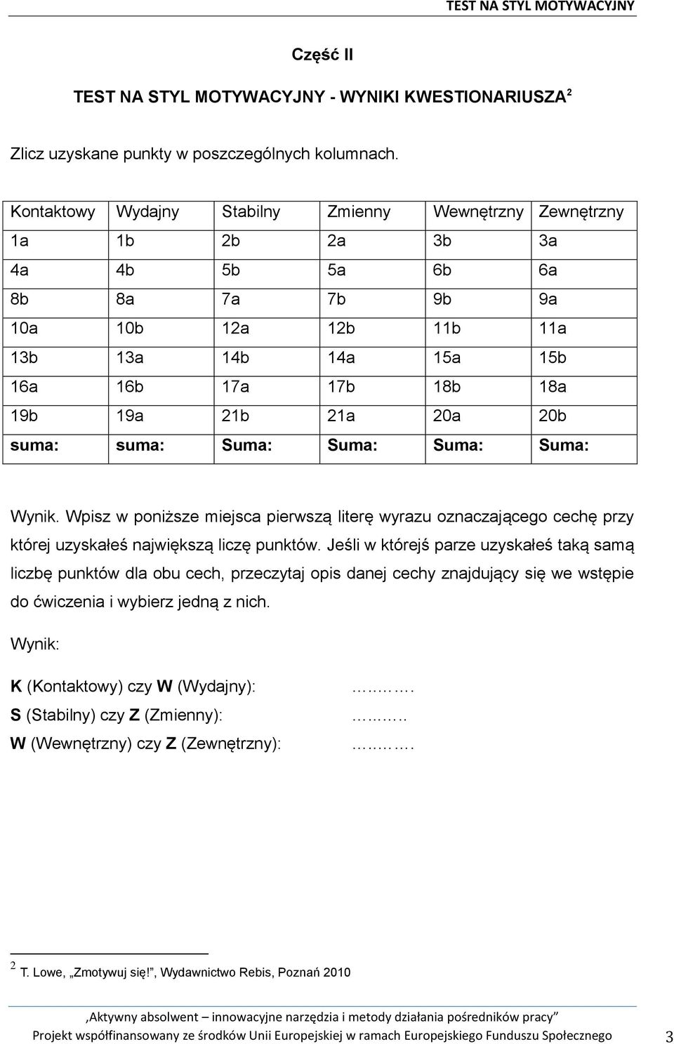 20a 20b suma: suma: Suma: Suma: Suma: Suma: Wynik. Wpisz w poniższe miejsca pierwszą literę wyrazu oznaczającego cechę przy której uzyskałeś największą liczę punktów.