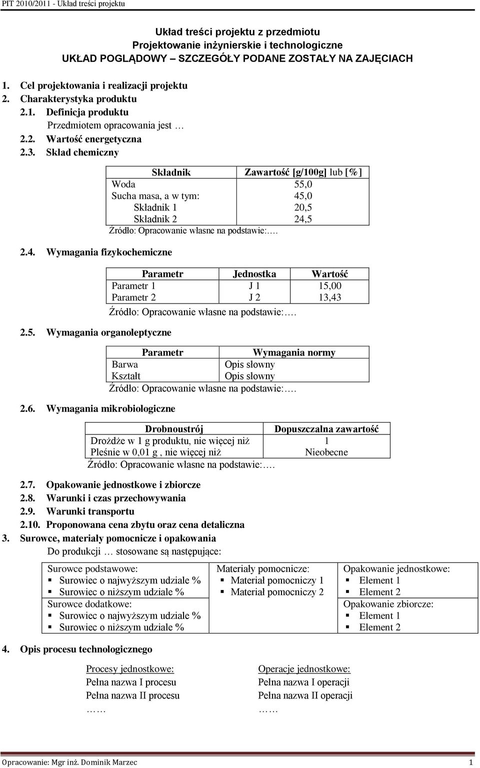 Wymagania mikrobiologiczne Składnik Zawartość [g/100g] lub [%] Woda 55,0 Sucha masa, a w tym: 45,0 Składnik 1 20,5 Składnik 2 24,5 Parametr Jednostka Wartość Parametr 1 J 1 15,00 Parametr 2 J 2 13,43