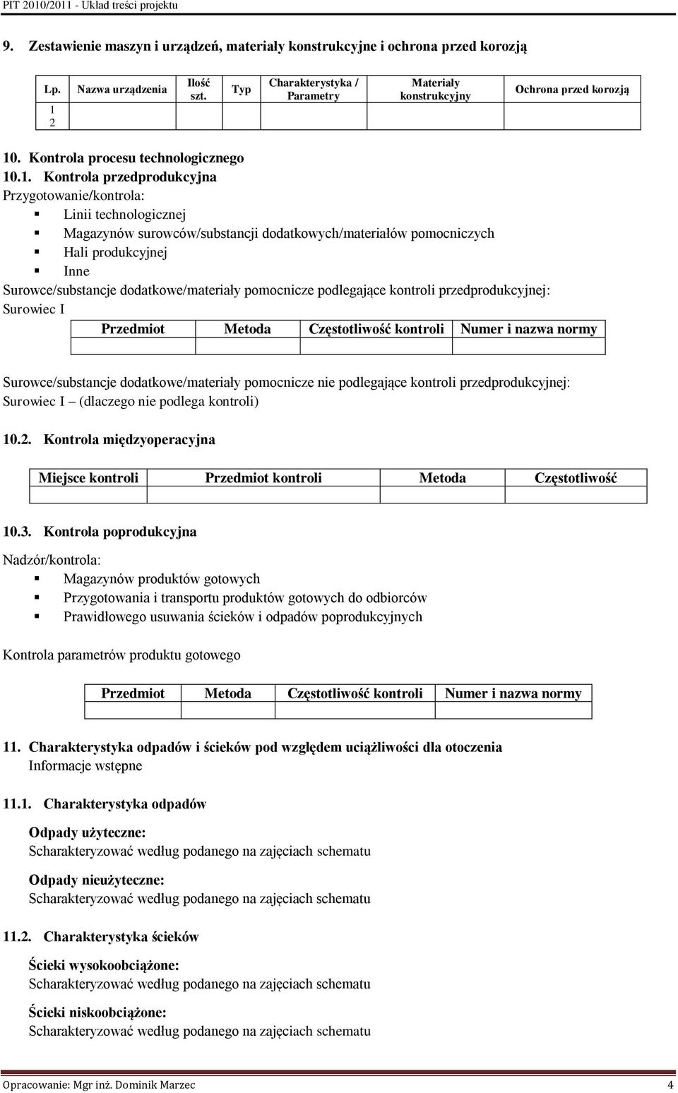 .1. Kontrola przedprodukcyjna Przygotowanie/kontrola: Linii technologicznej Magazynów surowców/substancji dodatkowych/materiałów pomocniczych Hali produkcyjnej Inne Surowce/substancje
