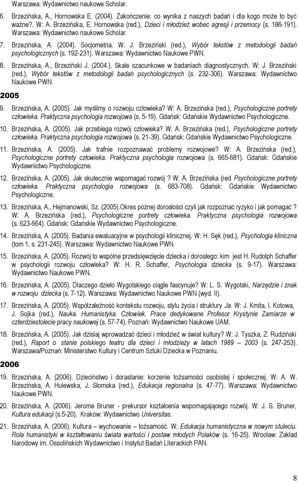 ), Wybór tekstów z metodologii badań psychologicznych (s. 192-231). Warszawa: Wydawnictwo Naukowe PWN. 8. Brzezińska, A., Brzeziński J. (2004.). Skale szacunkowe w badaniach diagnostycznych. W: J.