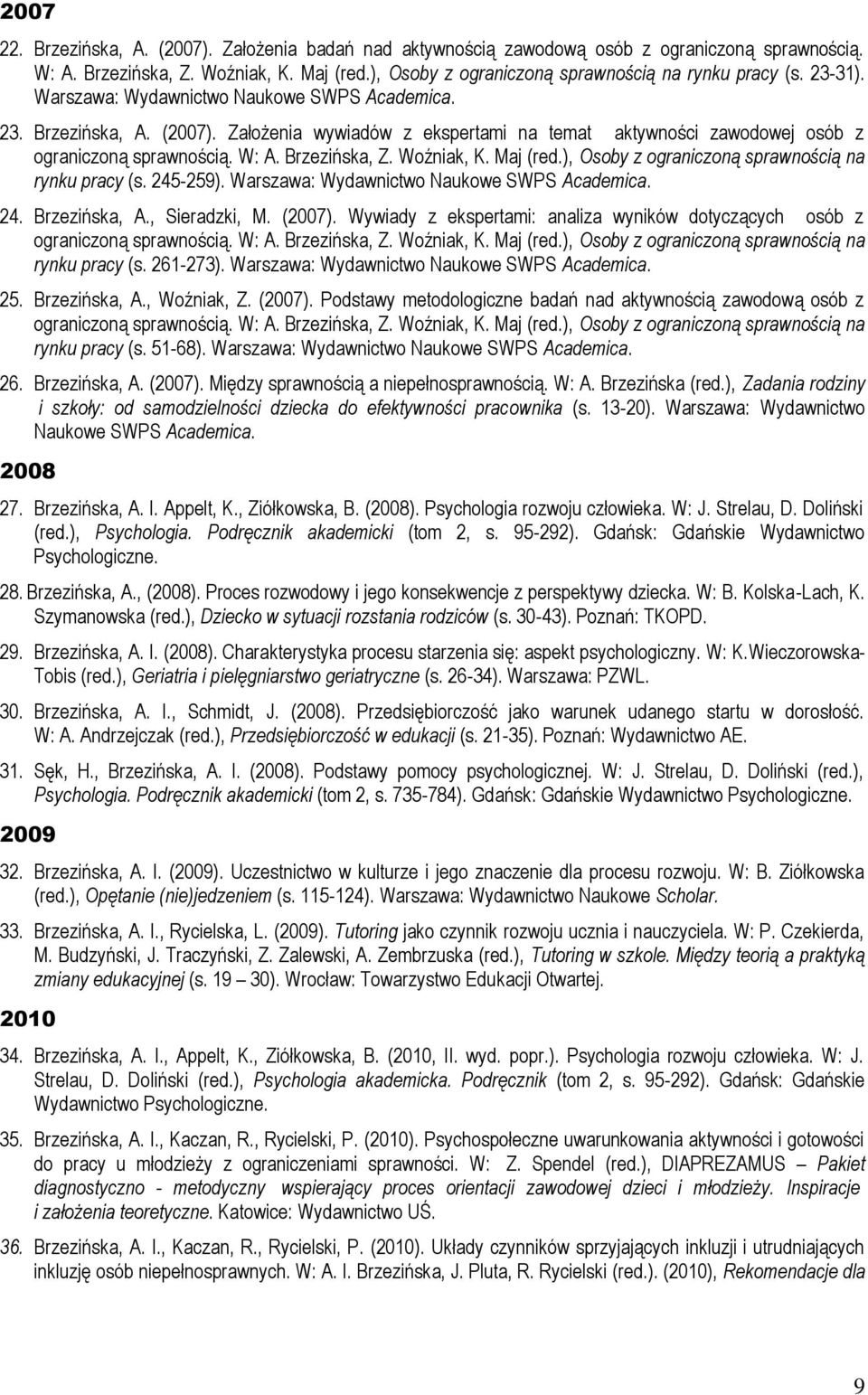 Woźniak, K. Maj (red.), Osoby z ograniczoną sprawnością na rynku pracy (s. 245-259). Warszawa: Wydawnictwo Naukowe SWPS Academica. 24. Brzezińska, A., Sieradzki, M. (2007).