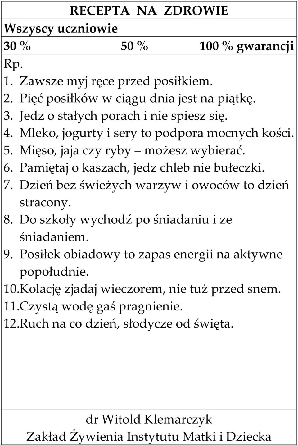 Dzień bez świeżych warzyw i owoców to dzień stracony. 8. Do szkoły wychodź po śniadaniu i ze śniadaniem. 9. Posiłek obiadowy to zapas energii na aktywne popołudnie. 10.