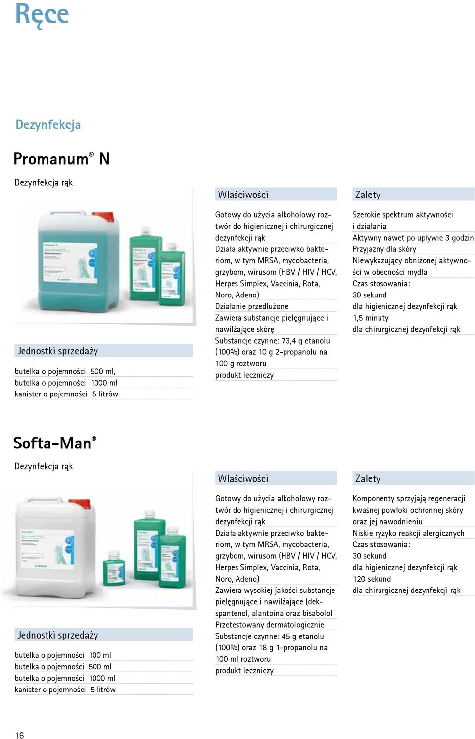 Zawiera substancje pielęgnujące i nawilżające skórę Substancje czynne: 73,4 g etanolu (100%) oraz 10 g 2-propanolu na 100 g roztworu produkt leczniczy Szerokie spektrum aktywności i działania Aktywny