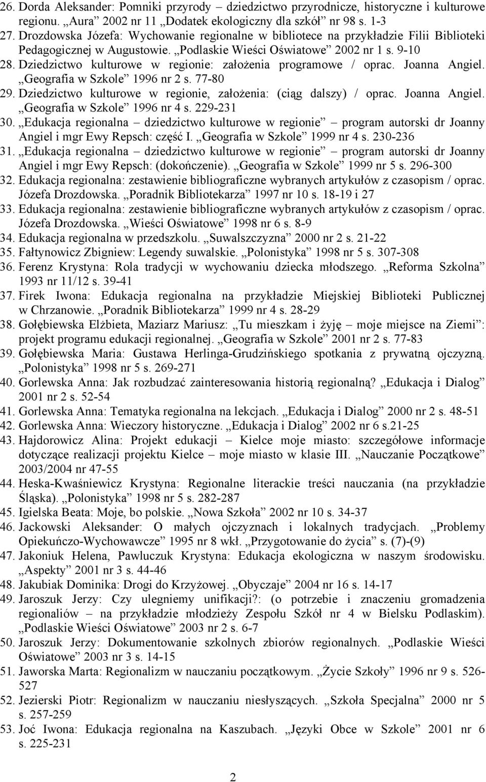 Dziedzictwo kulturowe w regionie: założenia programowe / oprac. Joanna Angiel. Geografia w Szkole 1996 nr 2 s. 77-80 29. Dziedzictwo kulturowe w regionie, założenia: (ciąg dalszy) / oprac.