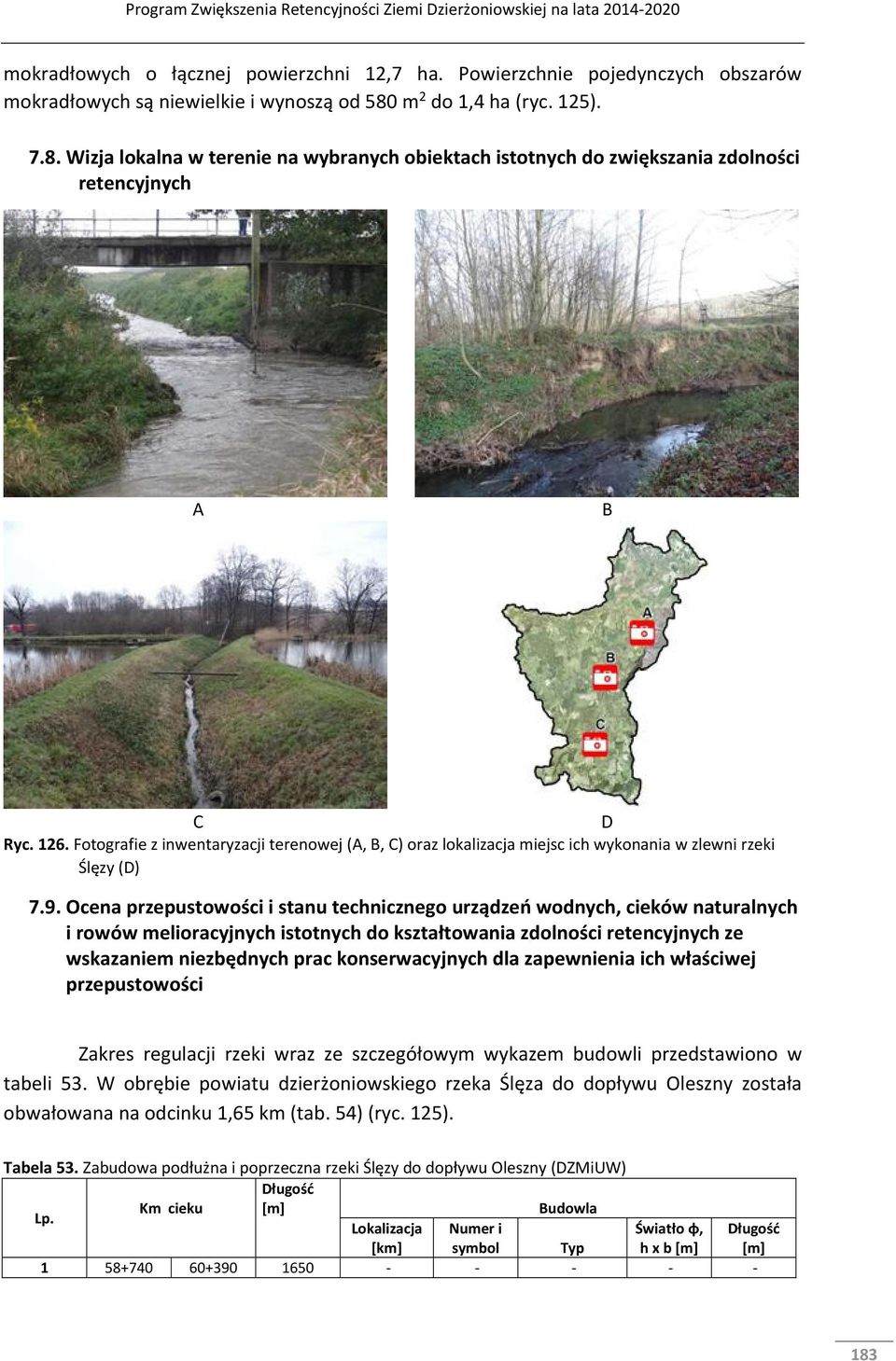 Fotografie z inwentaryzacji terenowej (A, B, C) oraz lokalizacja miejsc ich wykonania w zlewni rzeki Ślęzy (D) 7.9.