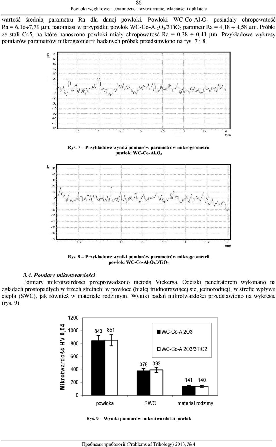 7 Przykładowe wyniki pomiarów parametrów mikrogeometrii powłoki WC-Co-Al 2O 3 Rys. 8 Przykładowe wyniki pomiarów parametrów mikrogeometrii powłoki WC-Co-Al 2O 3/3TiO 2 3.4.