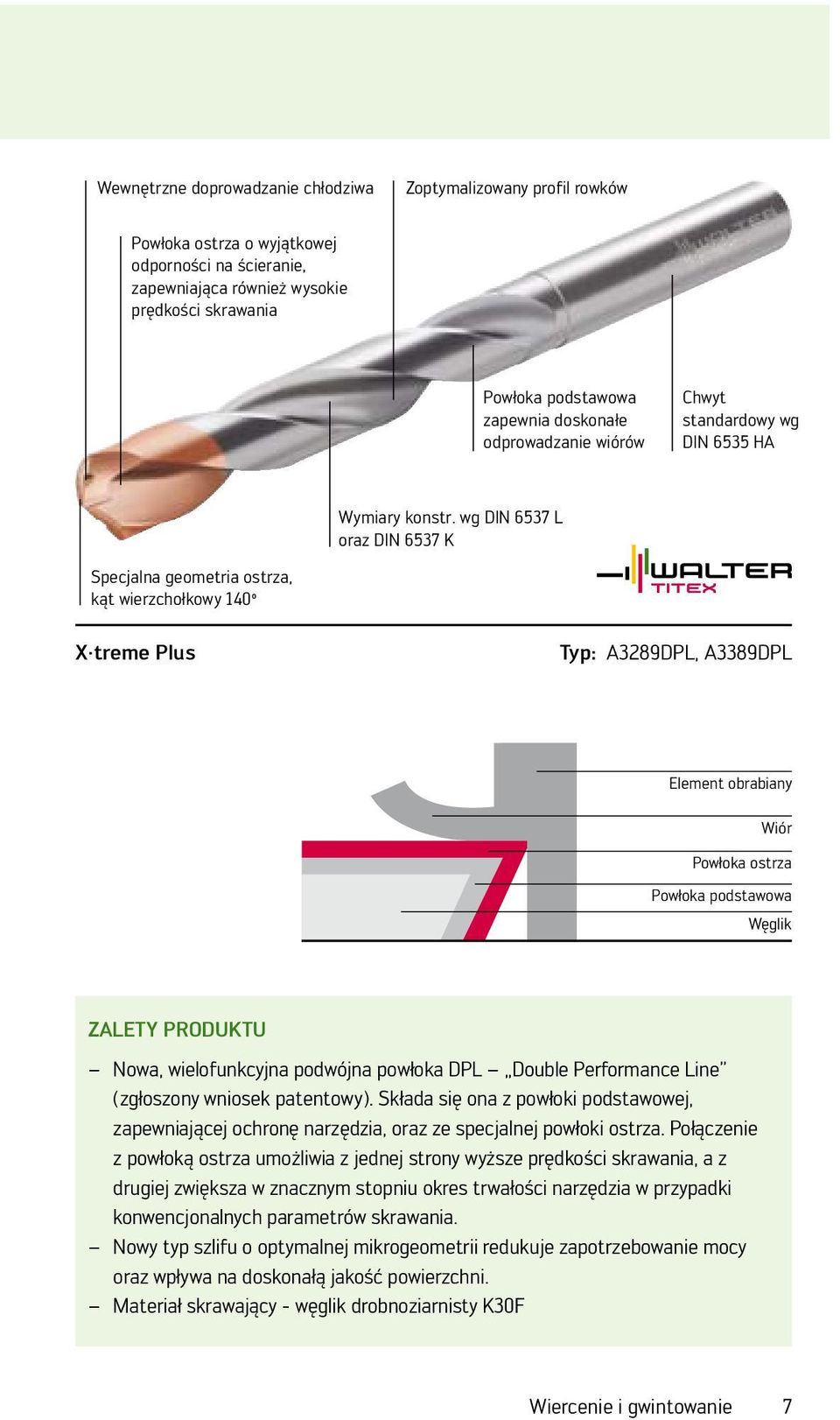 wg DIN 6537 L orz DIN 6537 K Specjln geometri ostrz, kąt wierzchołkowy 140º X treme Plus Typ: A3289DPL, A3389DPL Element obrbiny Wiór Powłok ostrz Powłok podstwow Węglik Zlety produktu Now,