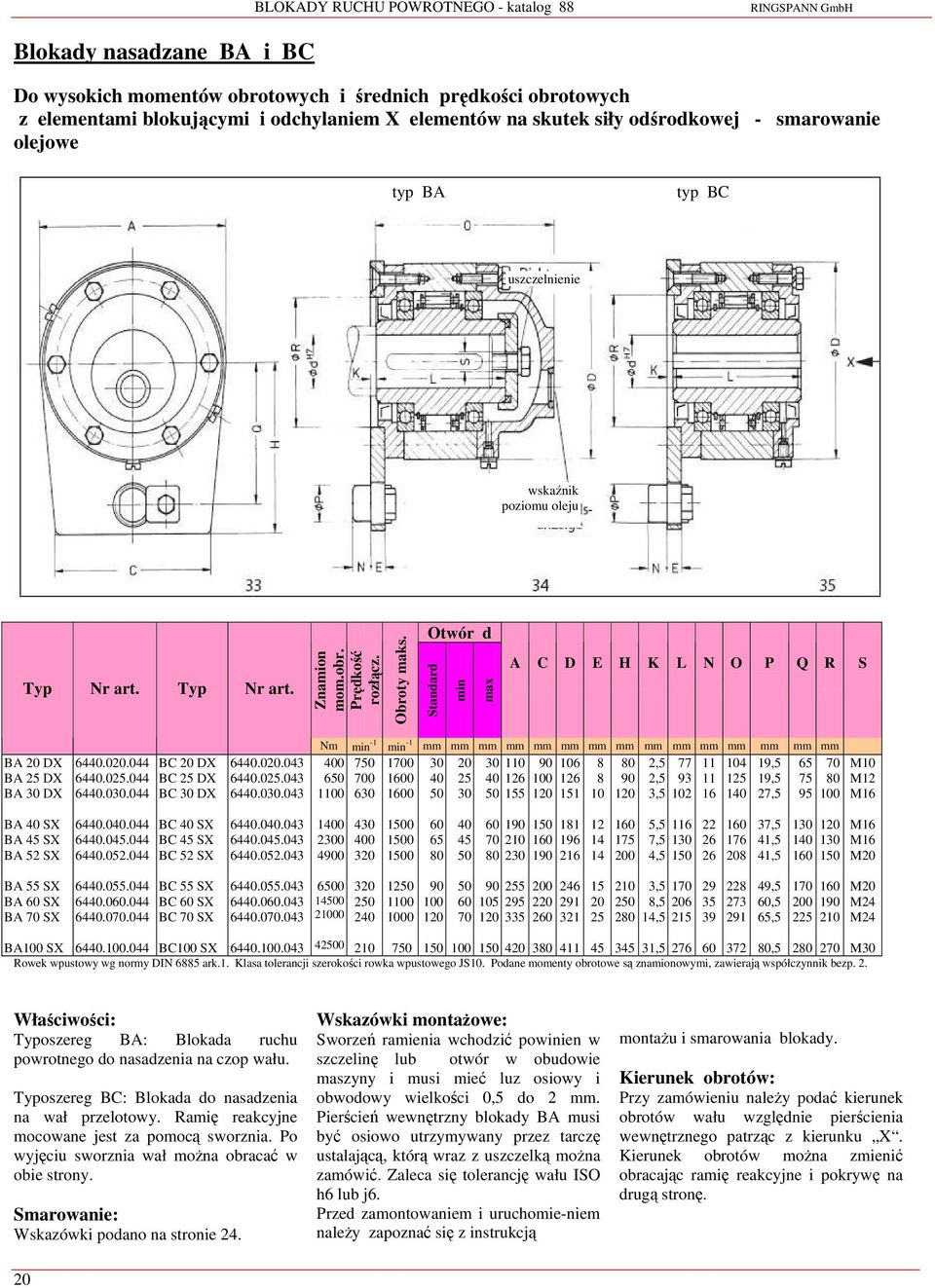 Otwór d Standard min max A C D E H K L N O P Q R S BA 20 