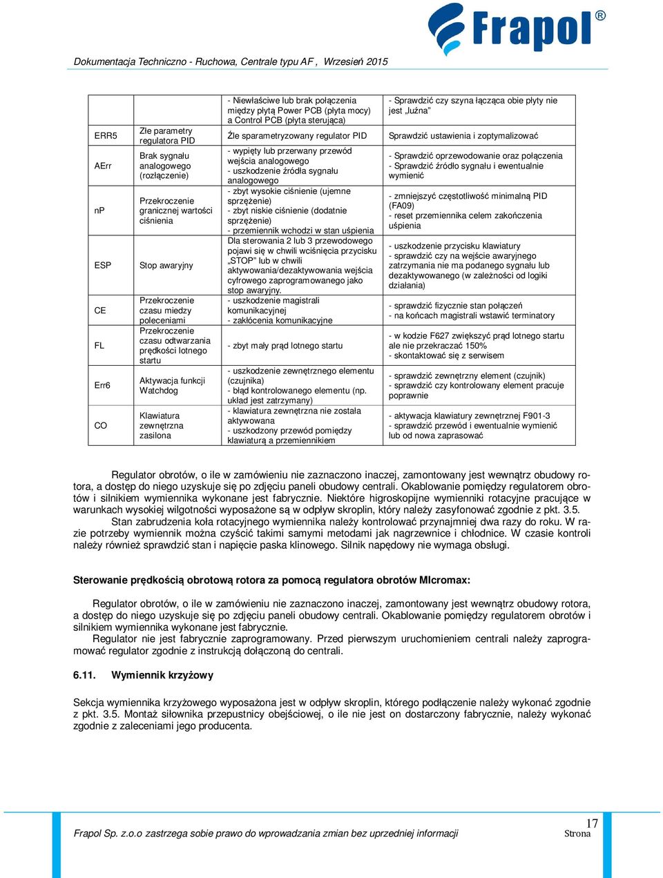 (płyta sterująca) Źle sparametryzowany regulator PID - wypięty lub przerwany przewód wejścia analogowego - uszkodzenie źródła sygnału analogowego - zbyt wysokie ciśnienie (ujemne sprzężenie) - zbyt