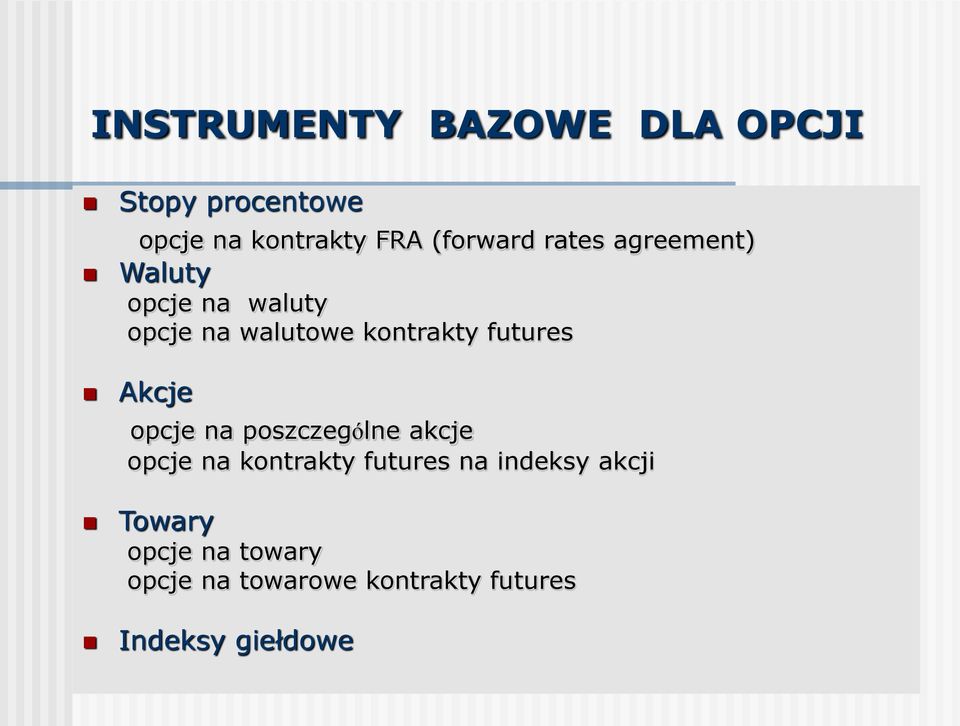 futures Akcje opcje na poszczególne akcje opcje na kontrakty futures na