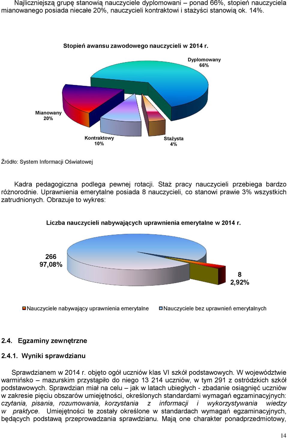 Staż pracy nauczycieli przebiega bardzo różnorodnie. Uprawnienia emerytalne posiada 8 nauczycieli, co stanowi prawie 3% wszystkich zatrudnionych.