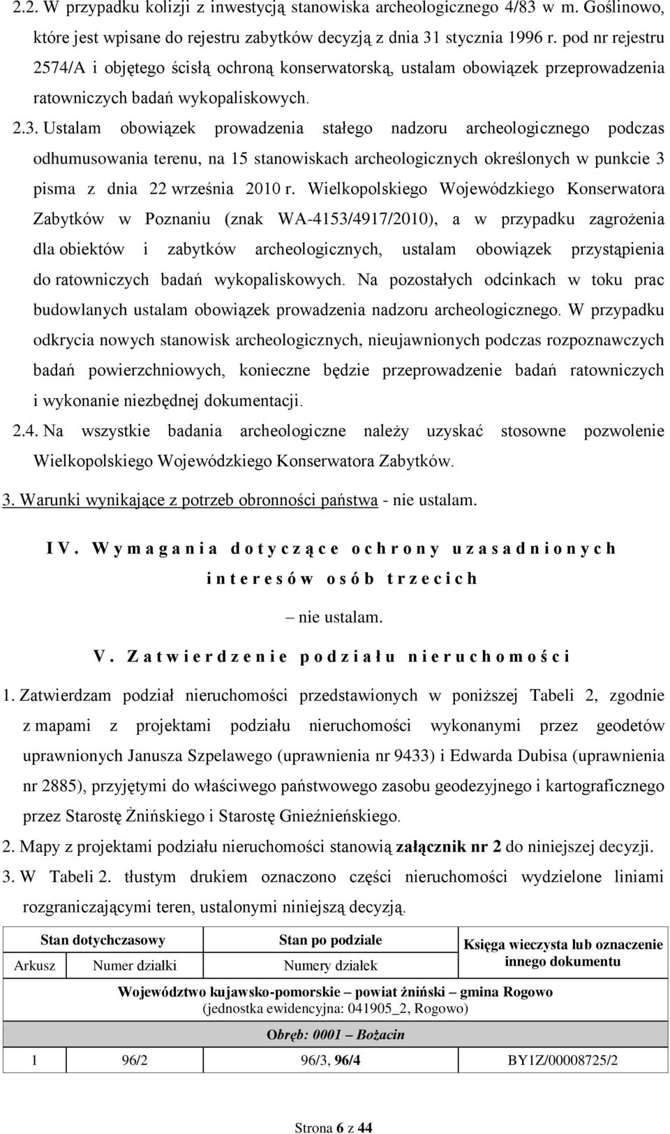 Ustalam obowiązek prowadzenia stałego nadzoru archeologicznego podczas odhumusowania terenu, na 15 stanowiskach archeologicznych określonych w punkcie 3 pisma z dnia 22 września 2010 r.