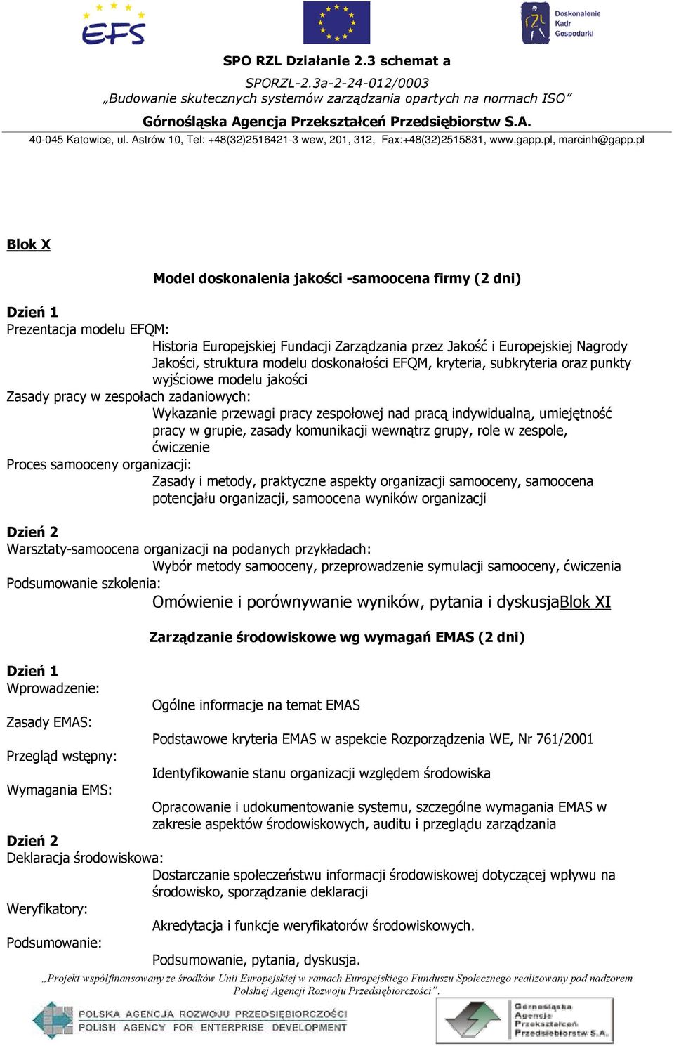 grupie, zasady komunikacji wewnątrz grupy, role w zespole, ćwiczenie Proces samooceny organizacji: Zasady i metody, praktyczne aspekty organizacji samooceny, samoocena potencjału organizacji,