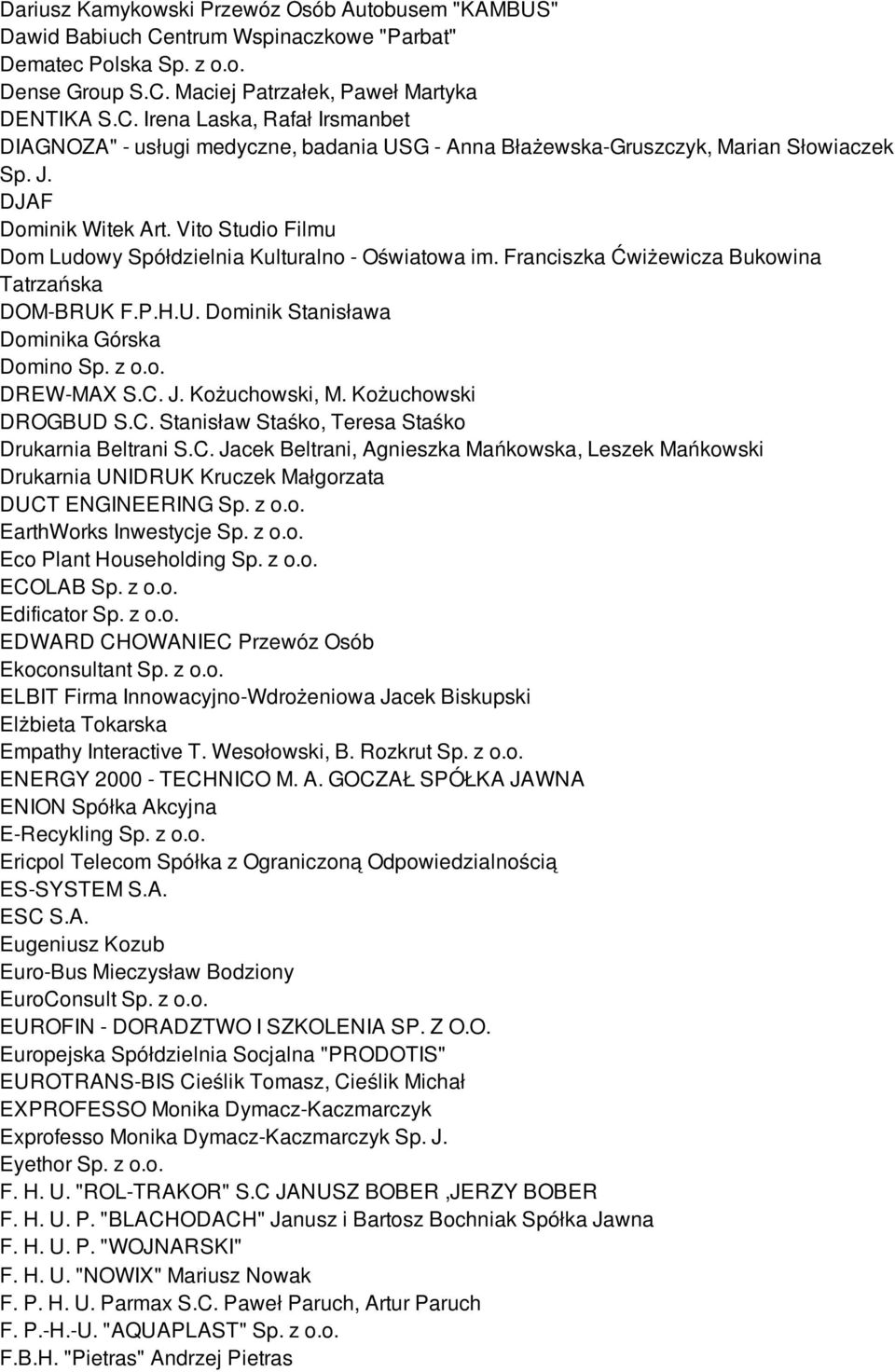 z o.o. DREW-MAX S.C. J. Kożuchowski, M. Kożuchowski DROGBUD S.C. Stanisław Staśko, Teresa Staśko Drukarnia Beltrani S.C. Jacek Beltrani, Agnieszka Mańkowska, Leszek Mańkowski Drukarnia UNIDRUK Kruczek Małgorzata DUCT ENGINEERING Sp.
